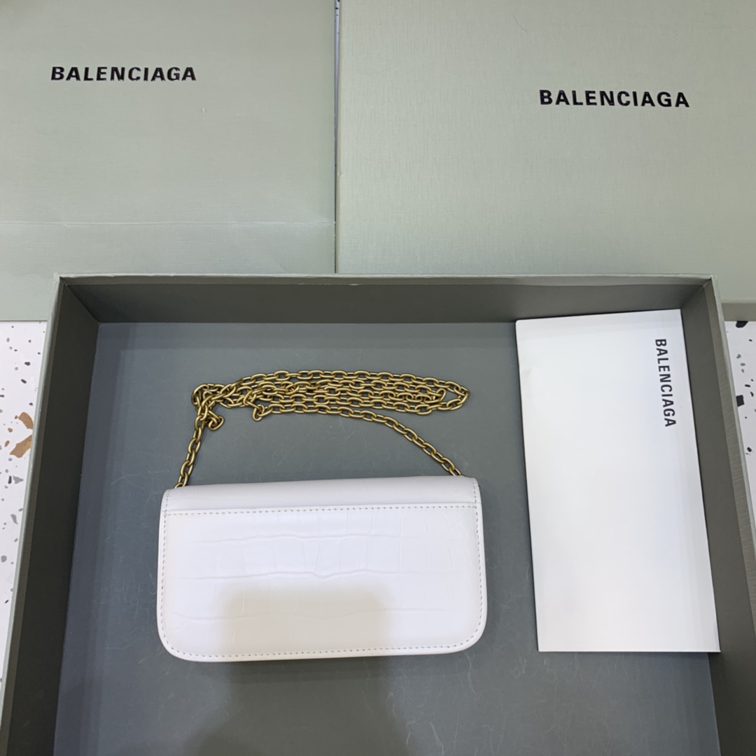 Balenciaga Gossip Wallet on chain Crocodile Embossed Calfskin Shouler Bag White